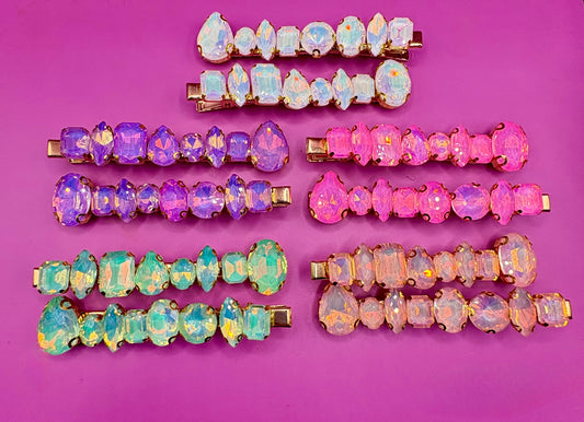 Stylish pair of large neon pastel gemstone hair slides designed for fashion-forward hairstyles, perfect for adding a statement touch to any look.