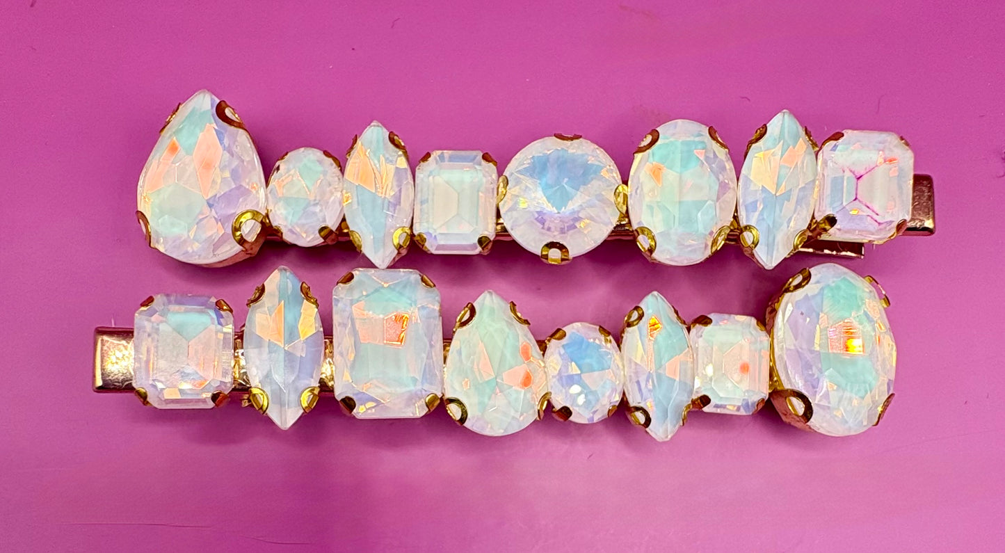 Stylish pair of large neon pastel gemstone hair slides designed for fashion-forward hairstyles, perfect for adding a statement touch to any look.