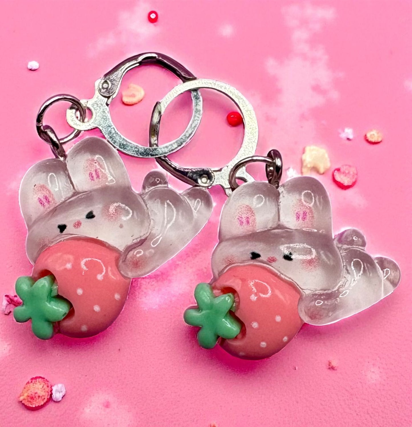 Bunny rabbit translucent earrings strawberry  in multiple styles Kids teen adult animal cartoon