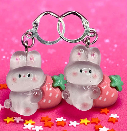 Bunny rabbit translucent earrings strawberry  in multiple styles Kids teen adult animal cartoon