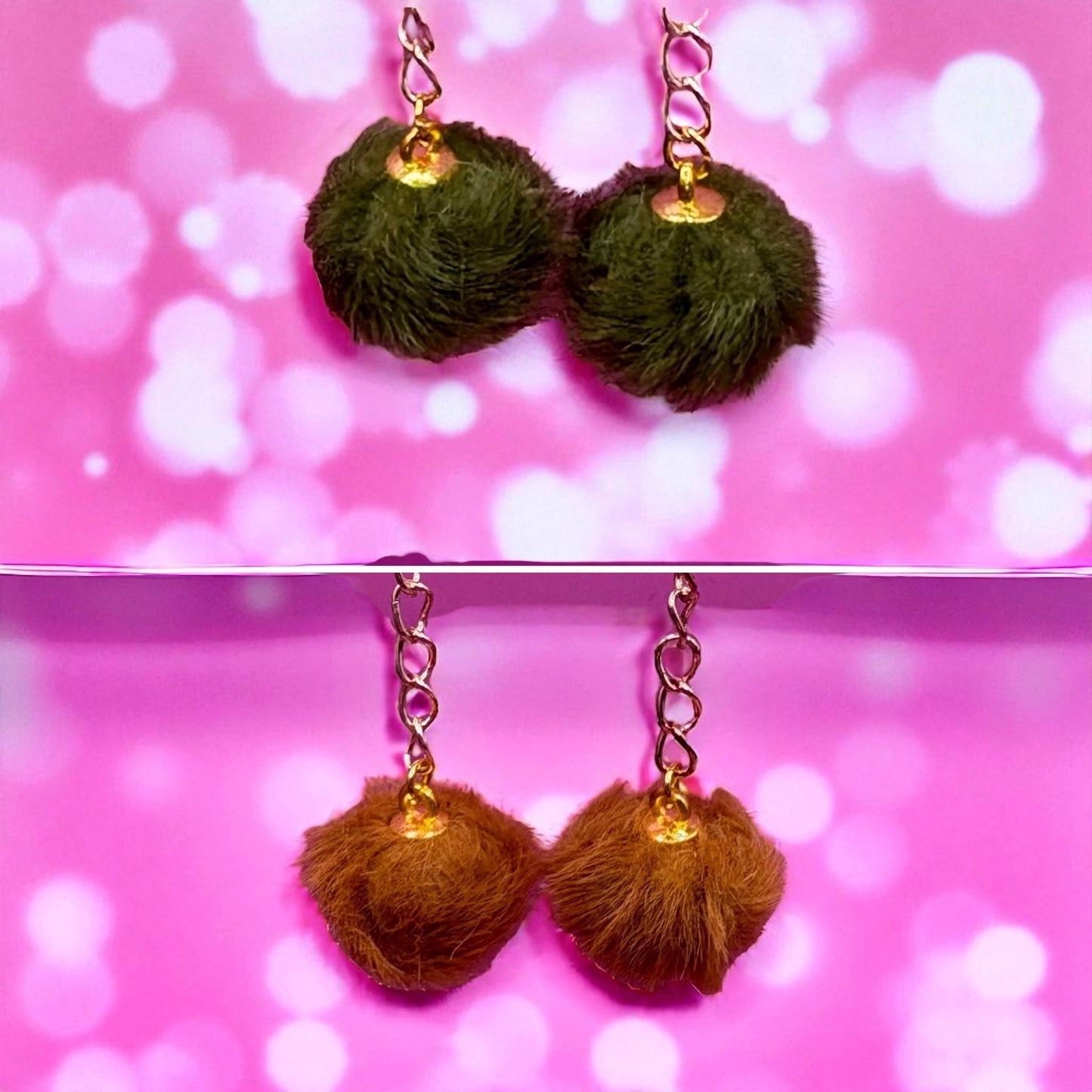 Green and brown pom-pom earrings on a pink background