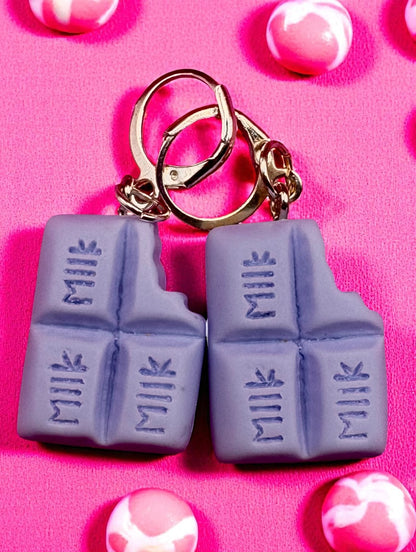 Chocolate earrings, dangly drop earrings pink blue brown purple. cartoon style novelty