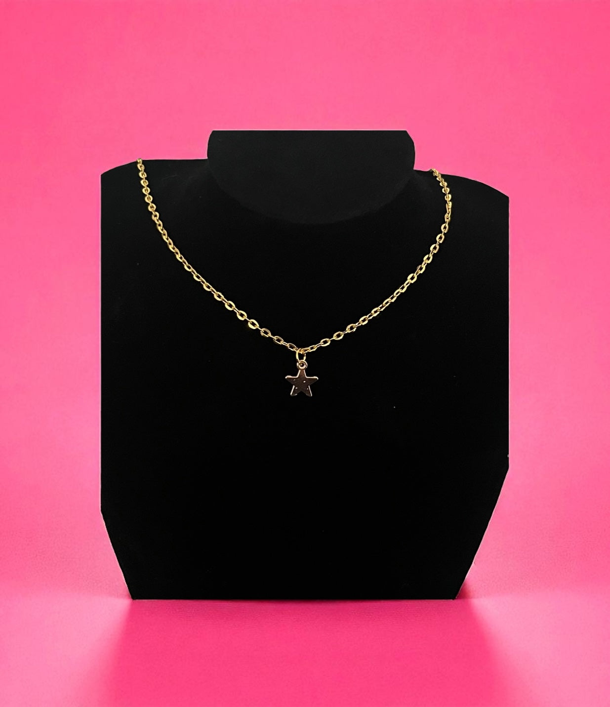 Gold necklace with a star pendant on a black stand against a pink background