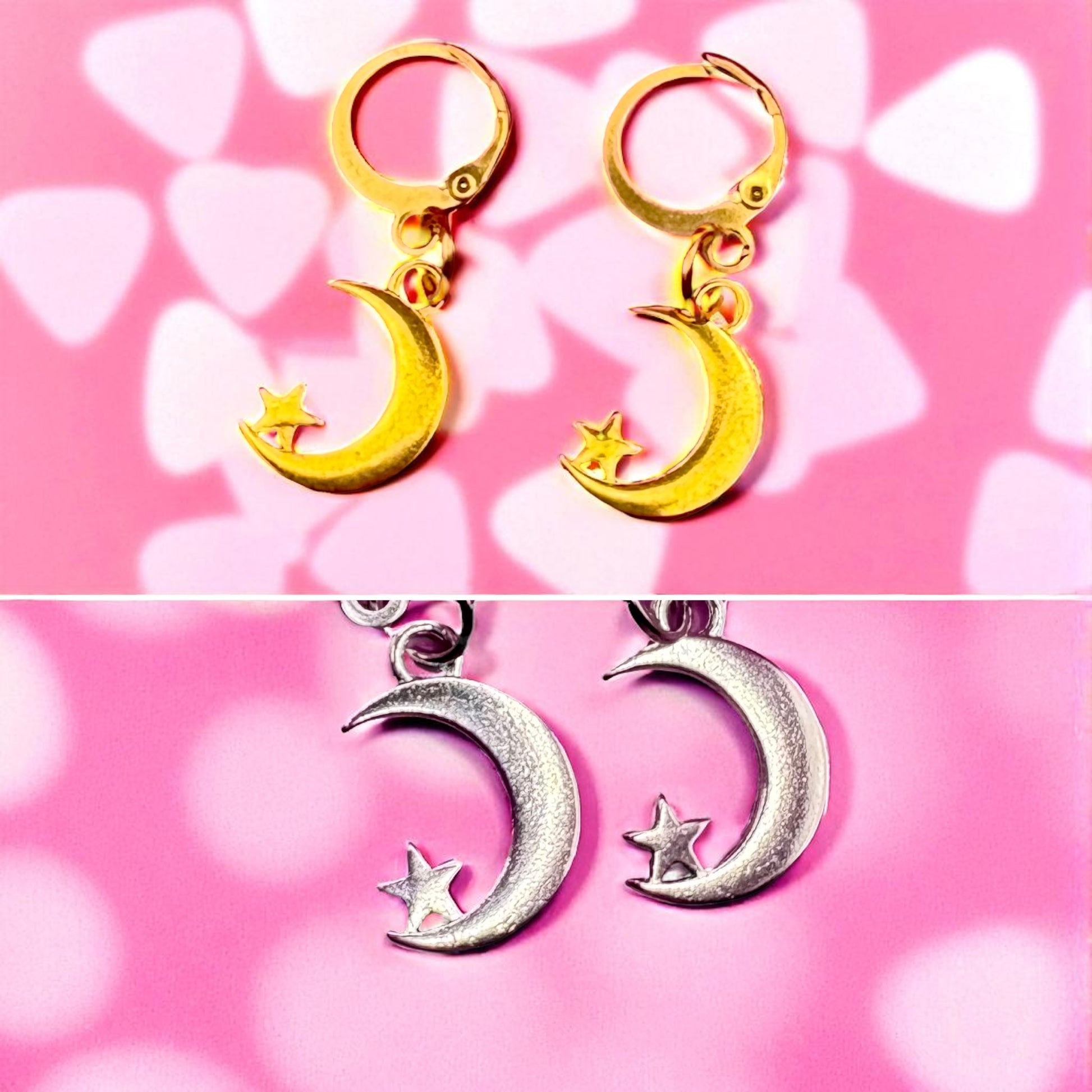 Gold and silver moon-shaped earrings with star details on a pink background