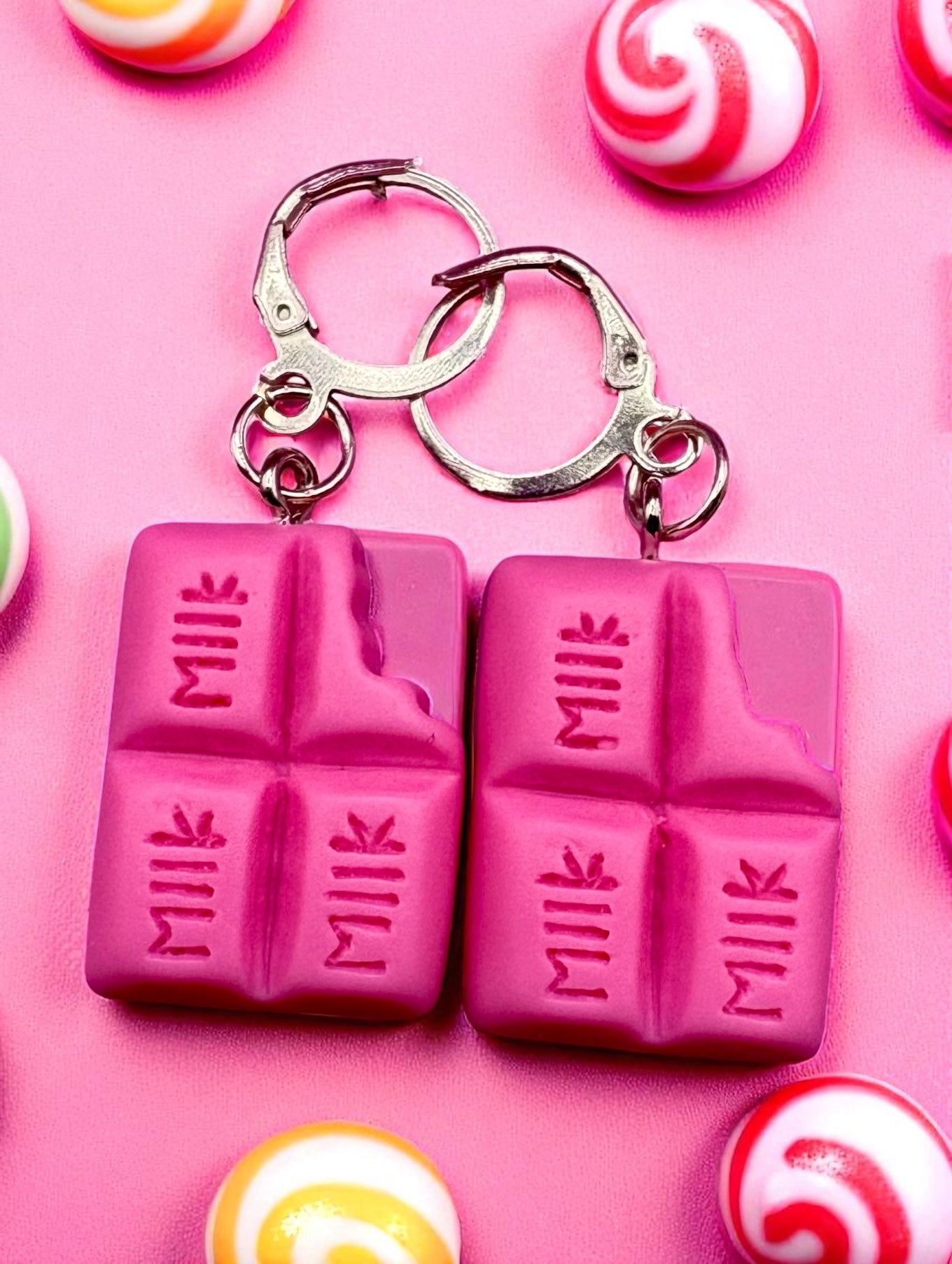 Chocolate earrings, dangly drop earrings pink blue brown purple. cartoon style novelty