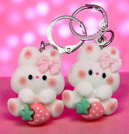 Bunny rabbit earrings strawberry drop earrings. available in multiple styles. Kids teen adult