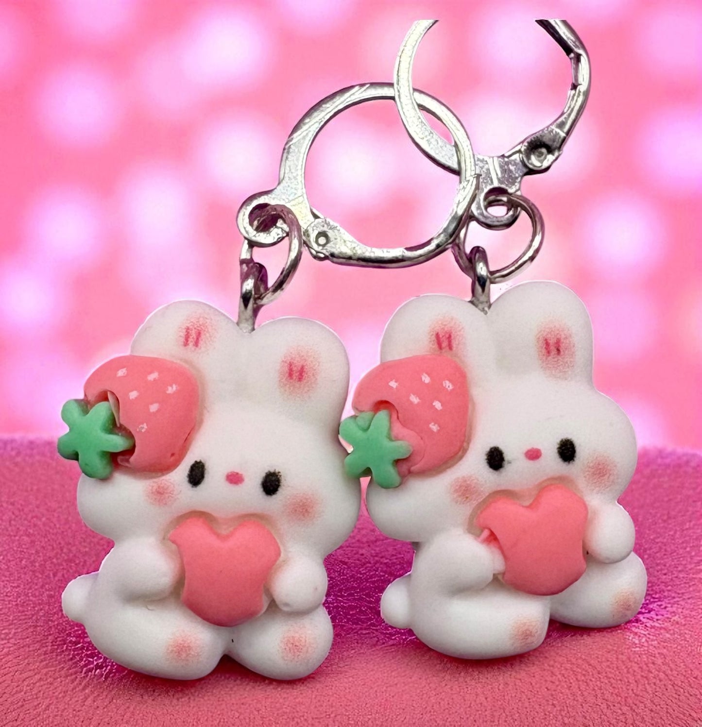 Bunny rabbit earrings strawberry drop earrings. available in multiple styles. Kids teen adult