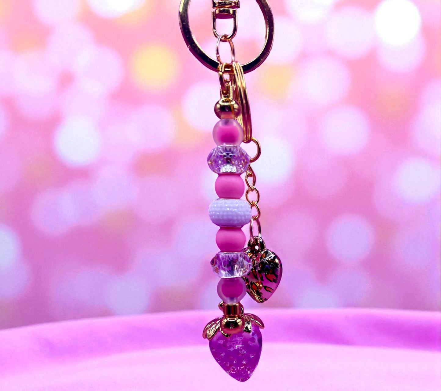 beaded keyring keychain leopard heart pendant and strawberry pendant  pink beads