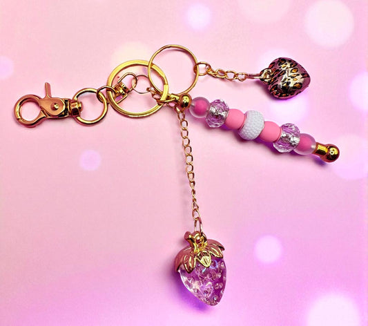 beaded keyring keychain leopard heart pendant and strawberry pendant  pink beads