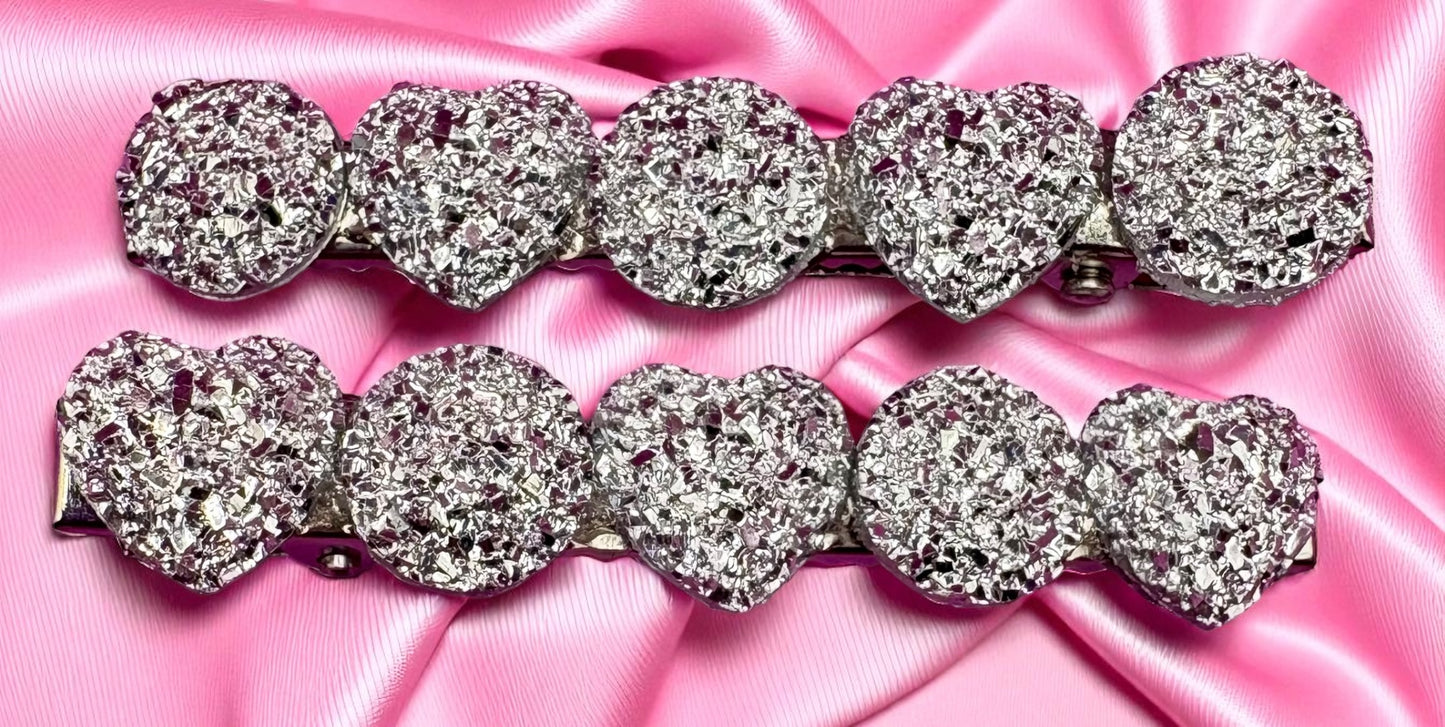 Heart, circular glitter sparkly small hair slides sliver fashion hair clip Christmas 6cm. Sold as pairs