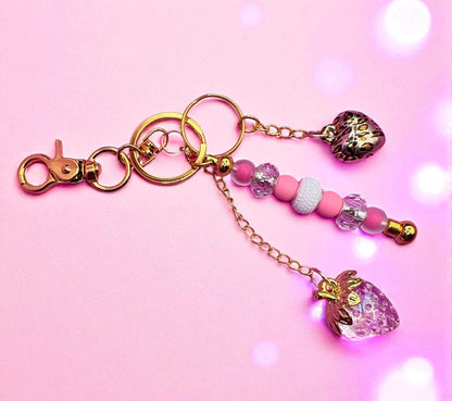 beaded keyring keychain leopard heart pendant and strawberry pendant  pink beads