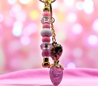 beaded keyring keychain leopard heart pendant and strawberry pendant  pink beads