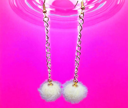 Long fluffy pom pom dangly drop earrings Handmade costume jewellery gold with rose gold chain