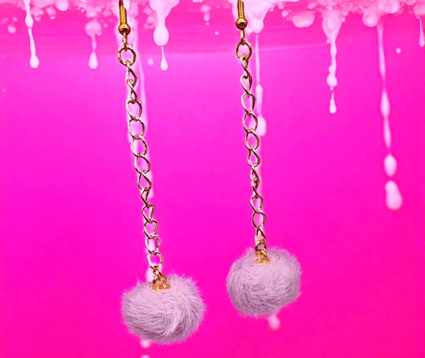 Long fluffy pom pom dangly drop earrings Handmade costume jewellery gold with rose gold chain
