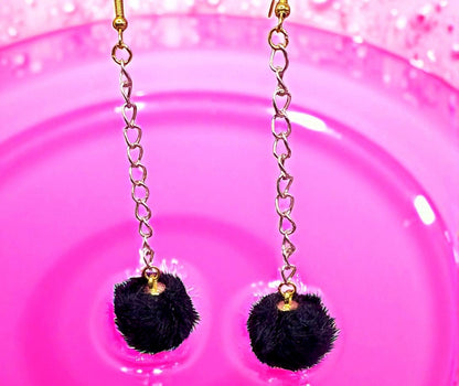 Long fluffy pom pom dangly drop earrings Handmade costume jewellery gold with rose gold chain