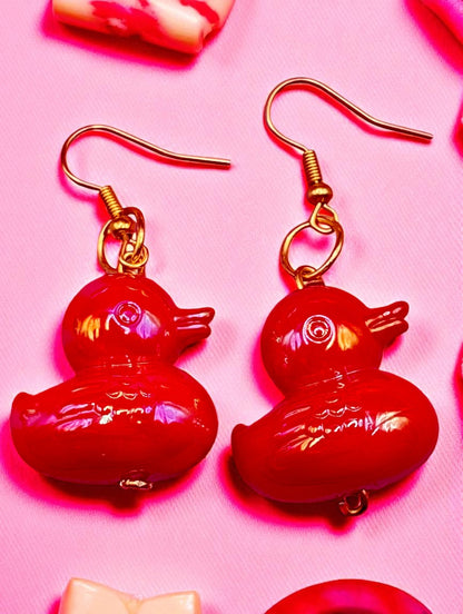 Large rubber duck earrings, dangly drop earrings Red blue green yellow resin fun novelty