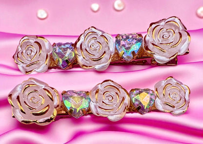 Silver pearlescent pearl style sparkly large pair of hair clips fashion clips slides flower rose heart