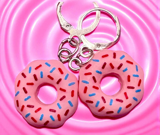donut earrings, dangly drop earrings pink blue brown white yellow cartoon style novelty earrings