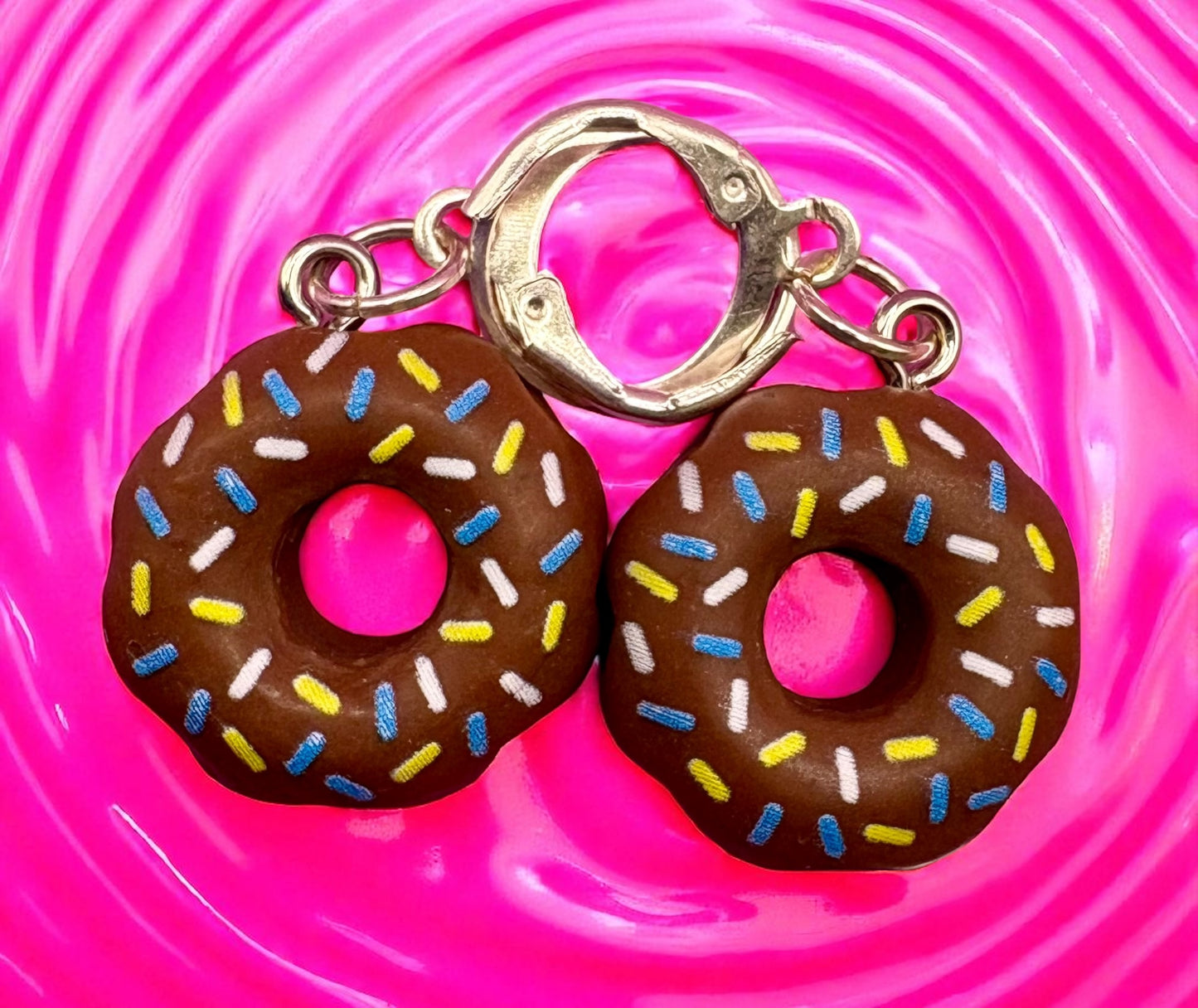 donut earrings, dangly drop earrings pink blue brown white yellow cartoon style novelty earrings