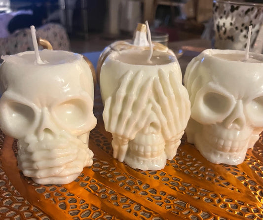 Halloween goth skull candles candle set. hear no evil speak no evil see no evil spooky fun frighteningly amazing skeleton creepy decorations