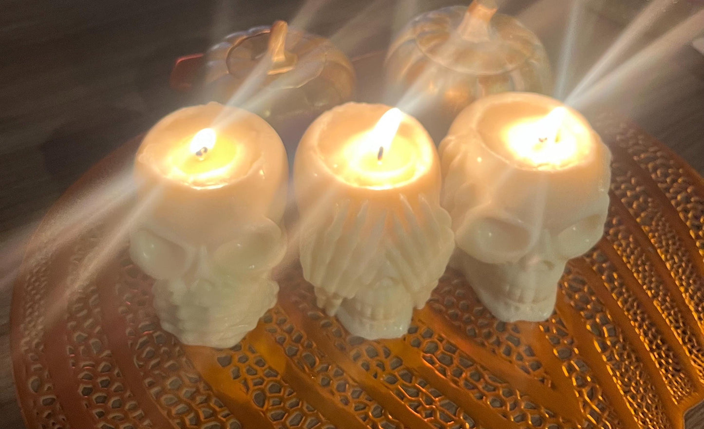 Halloween goth skull candles candle set. hear no evil speak no evil see no evil spooky fun frighteningly amazing skeleton creepy decorations