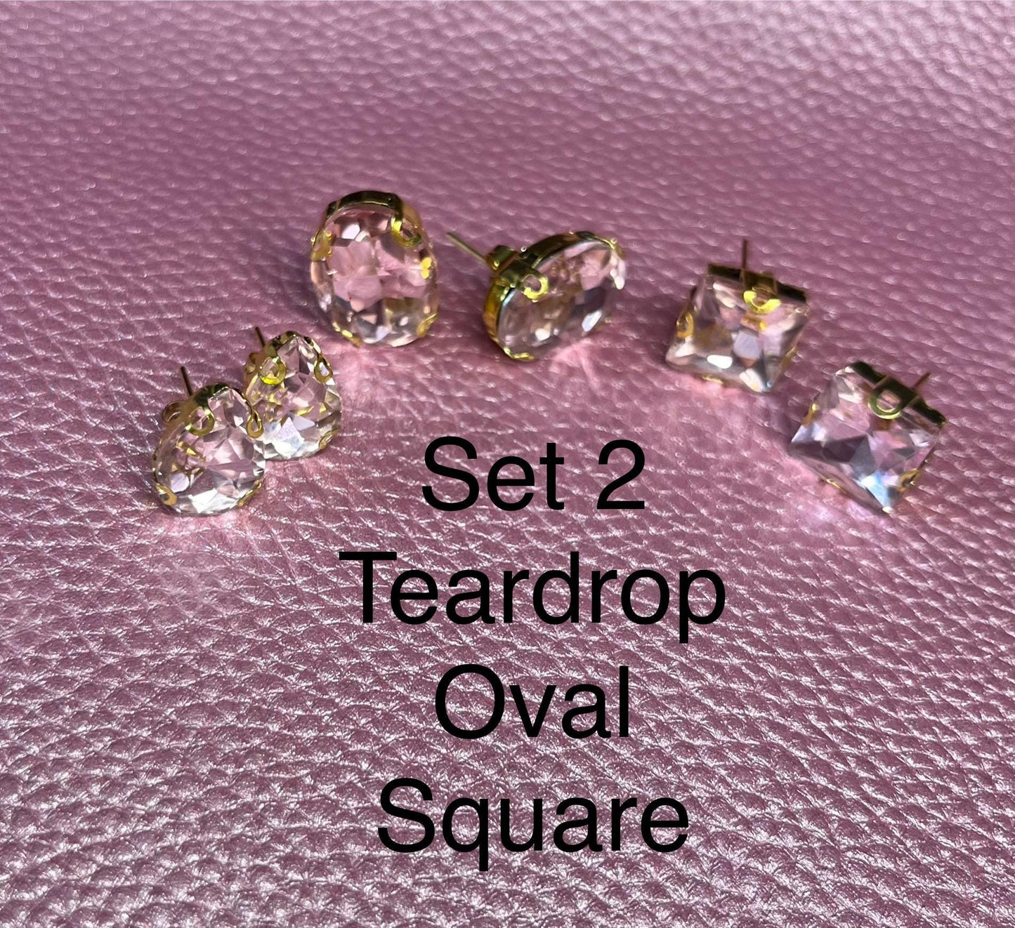 three pairs of handmade baby pink earrings glass rhinestones square oval teardrop gold two styles available