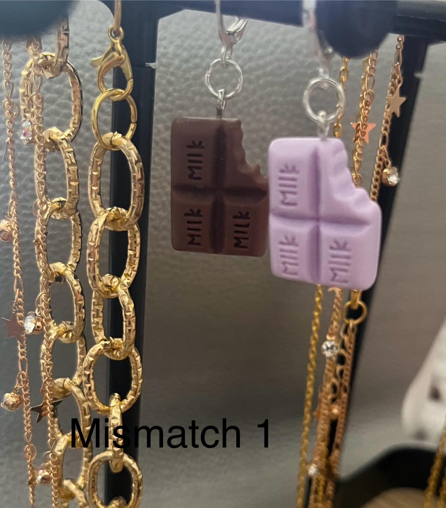 Chocolate earrings, dangly drop earrings. available in multiple colours. pink blue brown purple. cartoon style. novelty costume jewellery