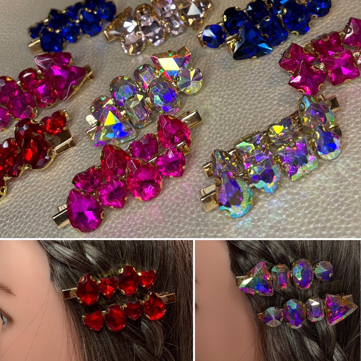 Pair of Pink  and purple gem stone handmade sparkly large rhinestone hair clip fashion hair slide glass gem stones Christmas