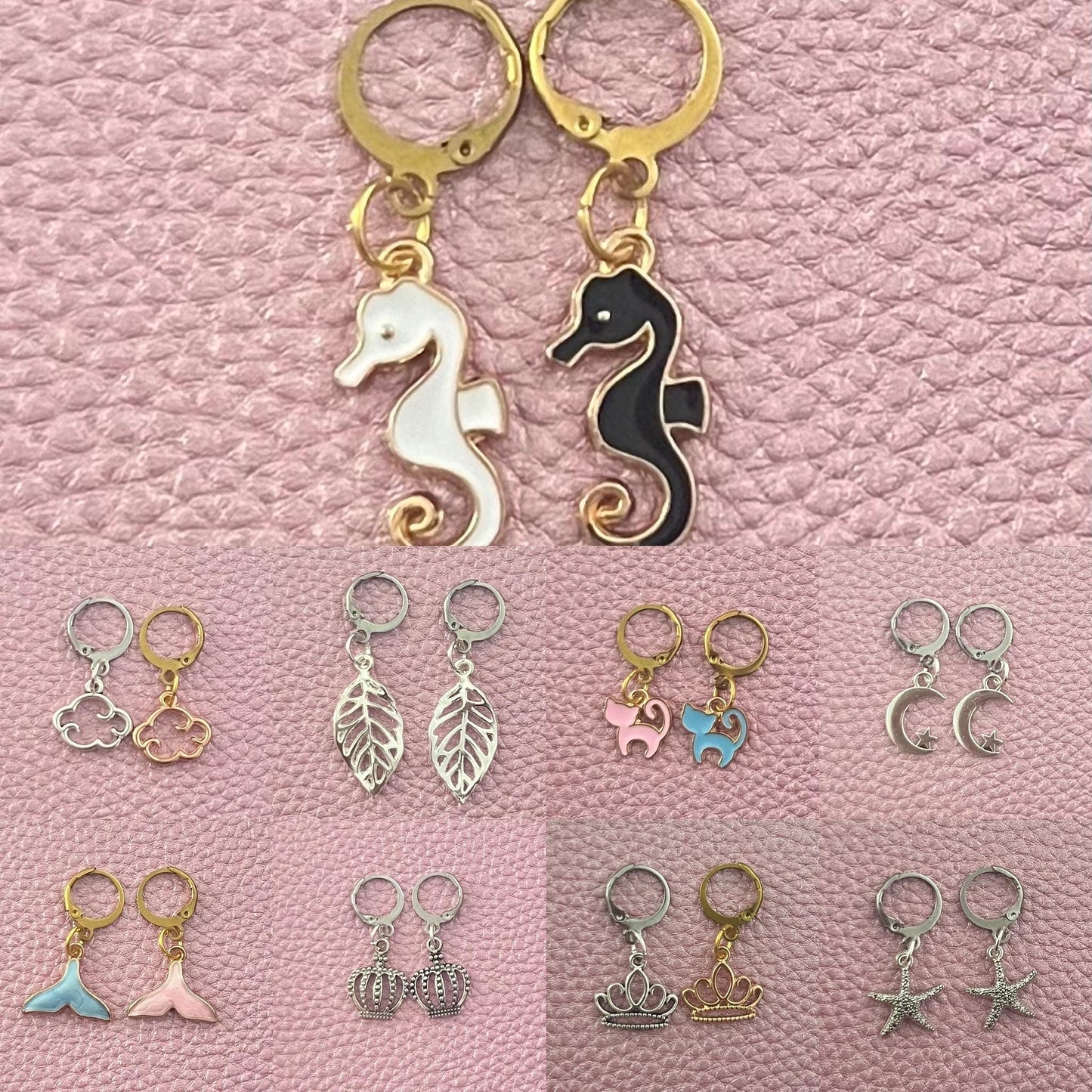 10 pairs of cute dangly earrings some mismatched starfish cats crowns seahorses clouds leaves fishtail gold silver costume jewellery