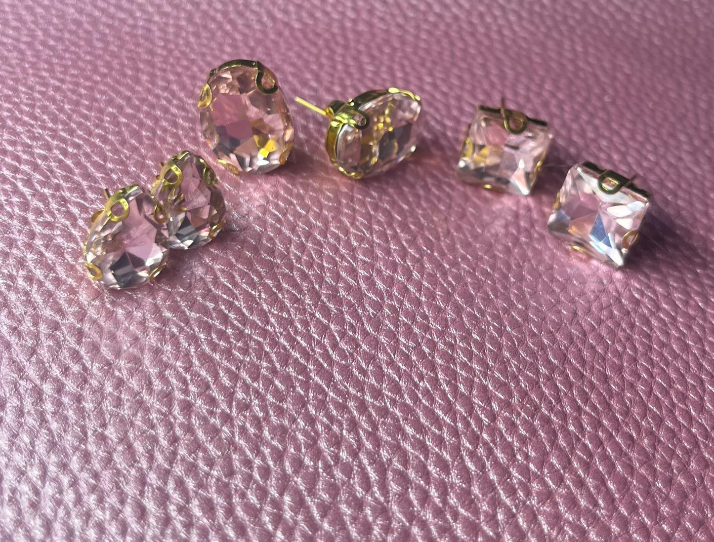 three pairs of handmade baby pink earrings glass rhinestones square oval teardrop gold two styles available