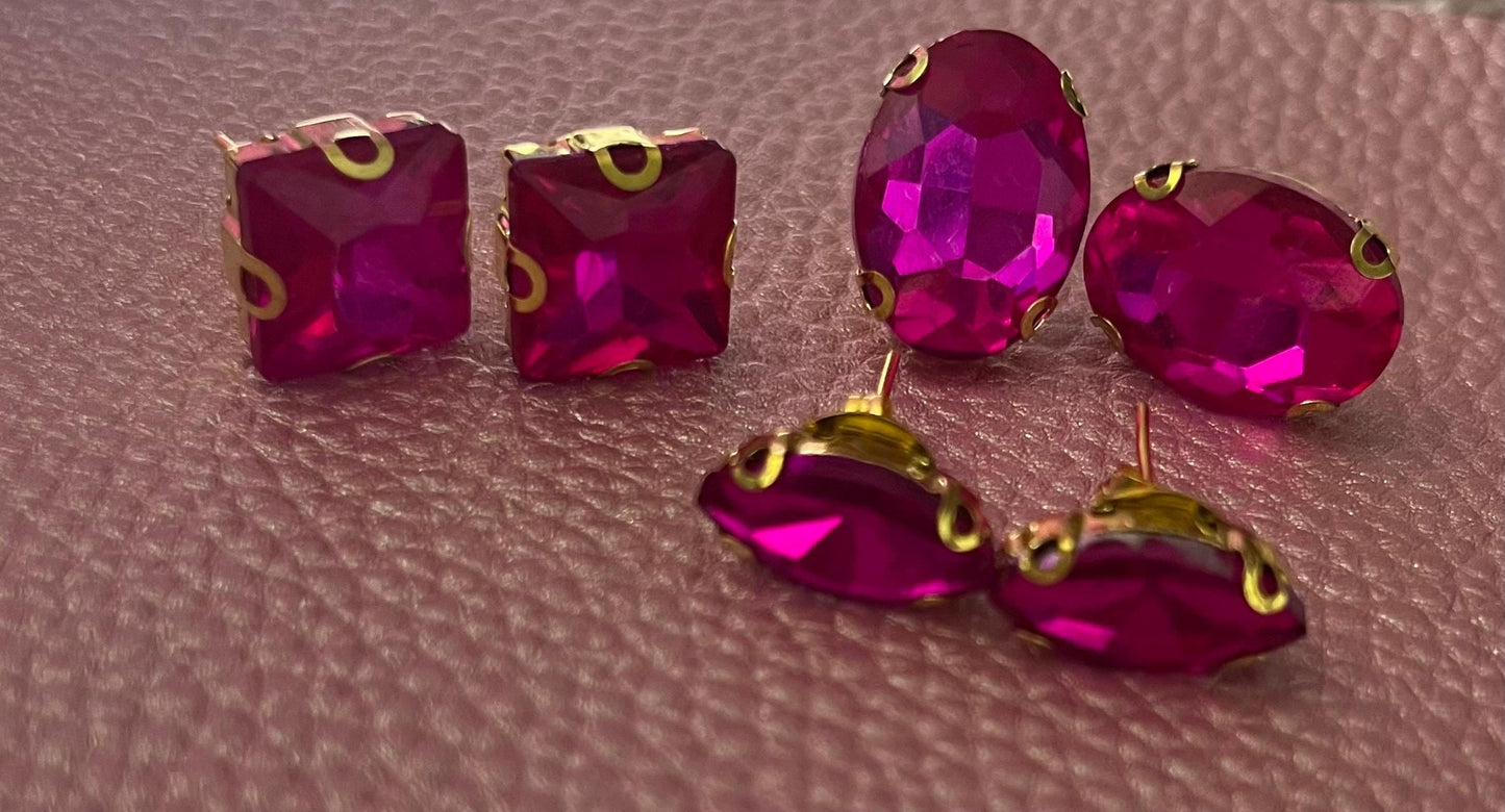 three pairs of Fushia hot pink earrings glass rhinestones square oval teardrop gold