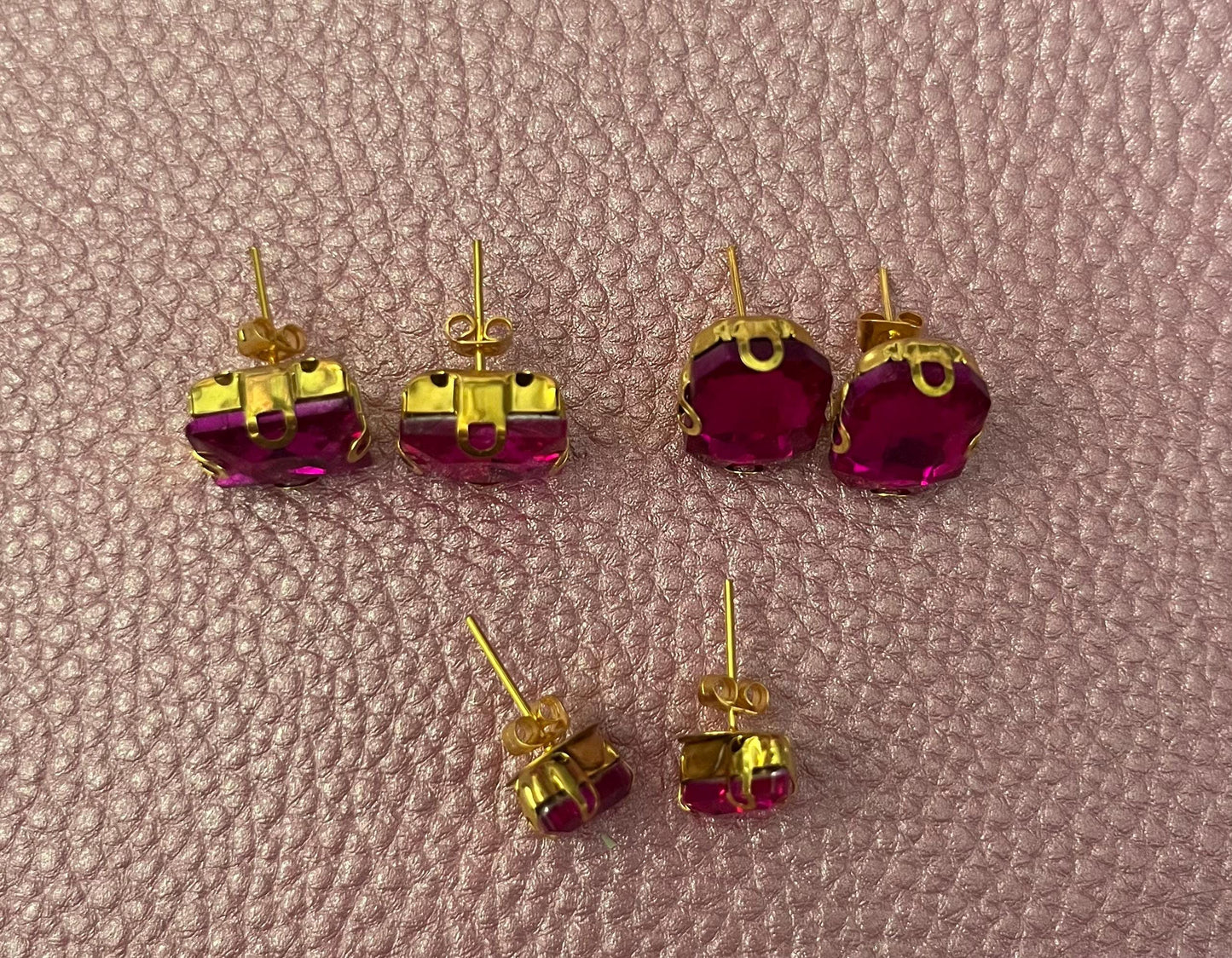 three pairs of Fushia hot pink earrings glass rhinestones square oval teardrop gold squoval