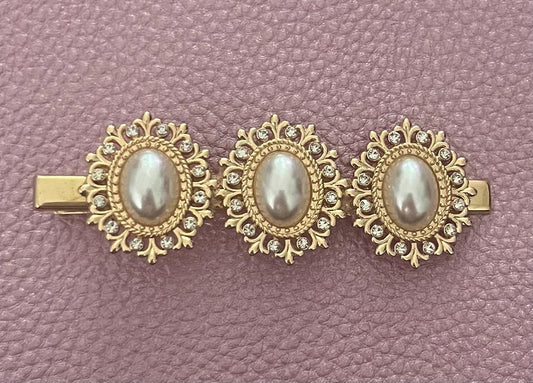 gold oval pearl style rhinestone statement hair clip large 8cm long