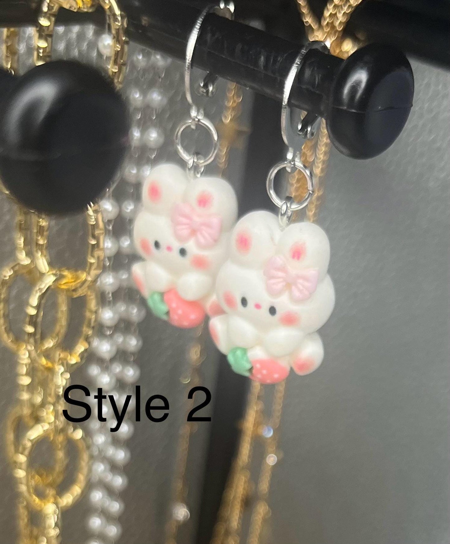 Bunny rabbit earrings strawberry drop earrings. available in multiple styles. Kids teen adult animal cartoon style. novelty costume jeweller