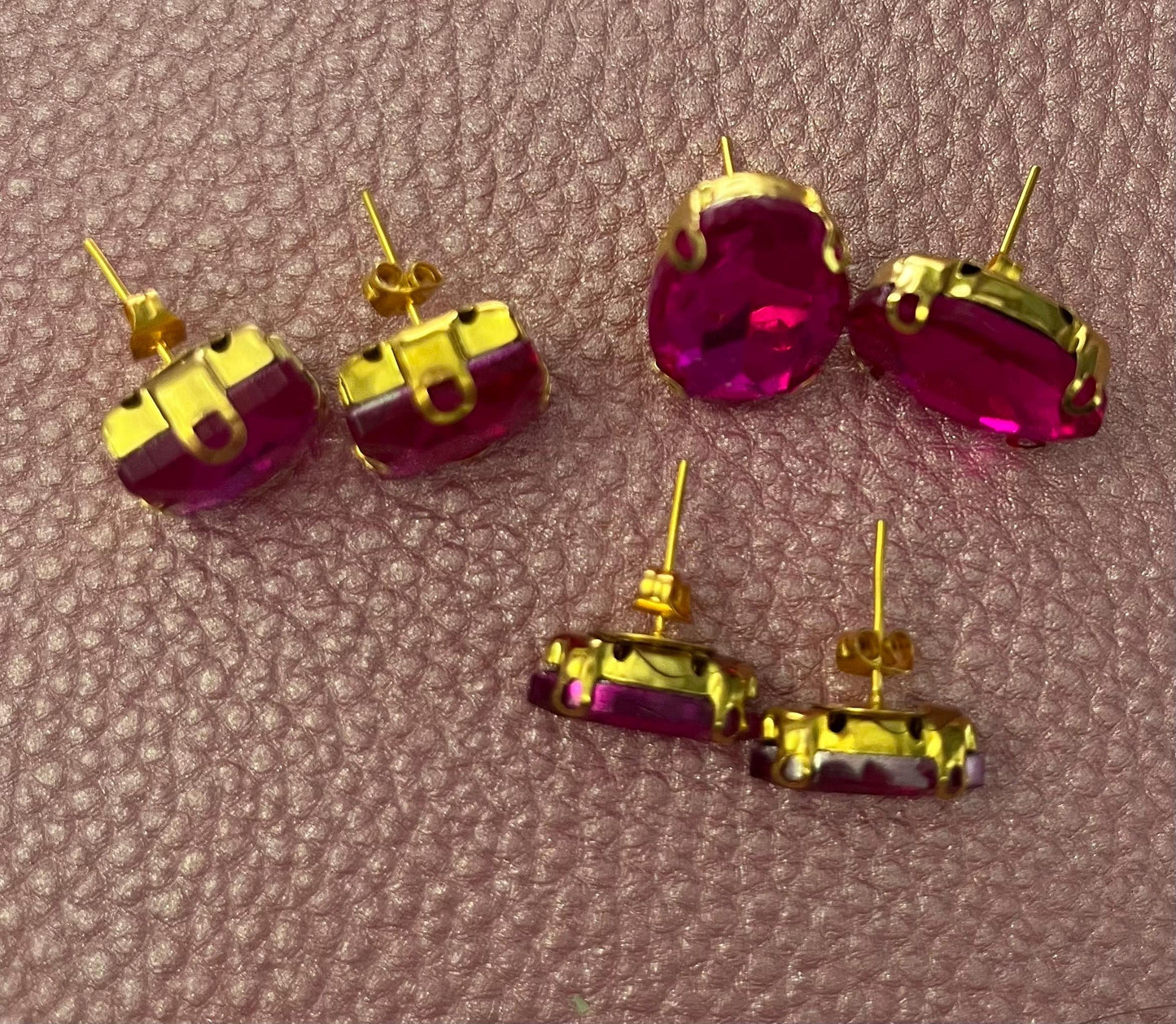 three pairs of Fushia hot pink earrings glass rhinestones square oval teardrop gold