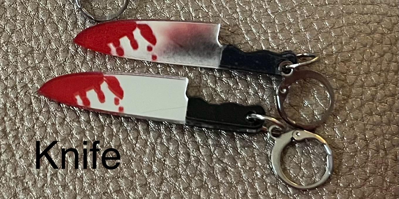 Halloween earrings fake knives, axes, blood scary spooky scream murder accessories realistic horror thriller micheal myers killer decoration