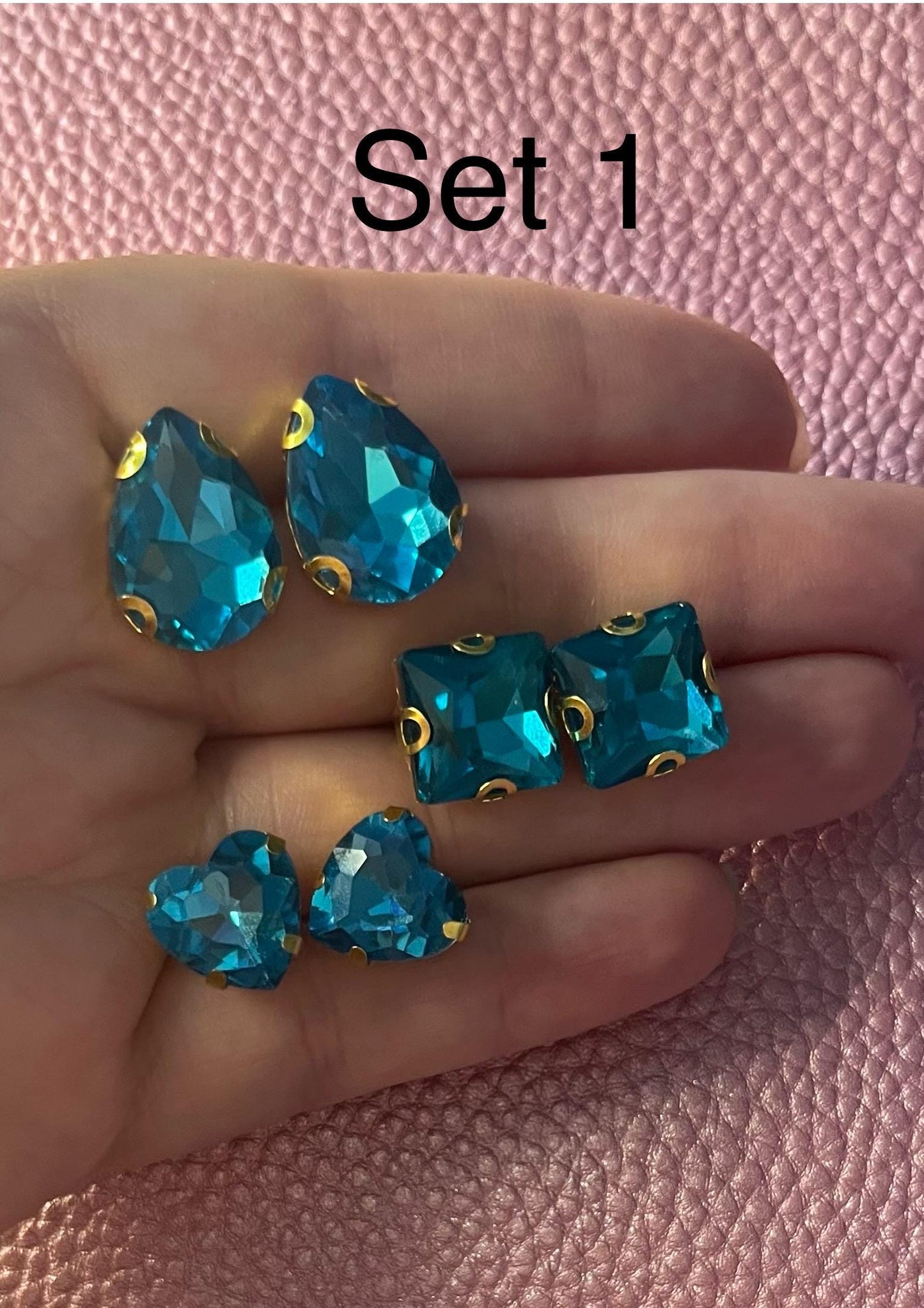 three pairs of handmade turquoise blue earrings glass rhinestones square oval teardrop gold two styles available