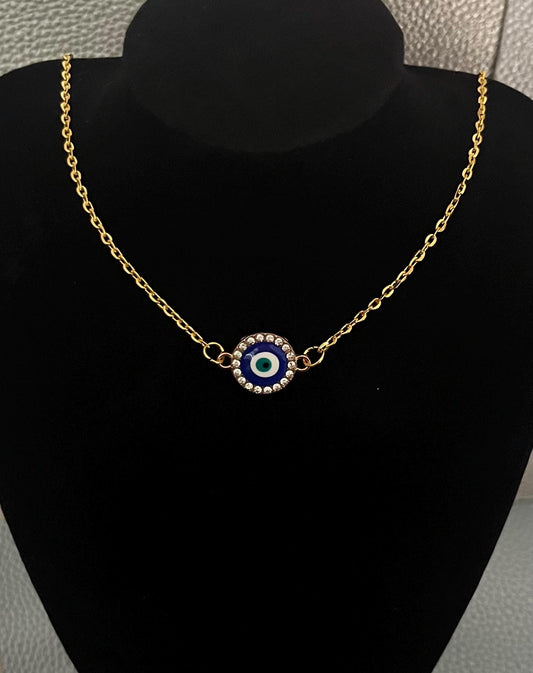 Circular diamanté evil eye necklace- colour gold