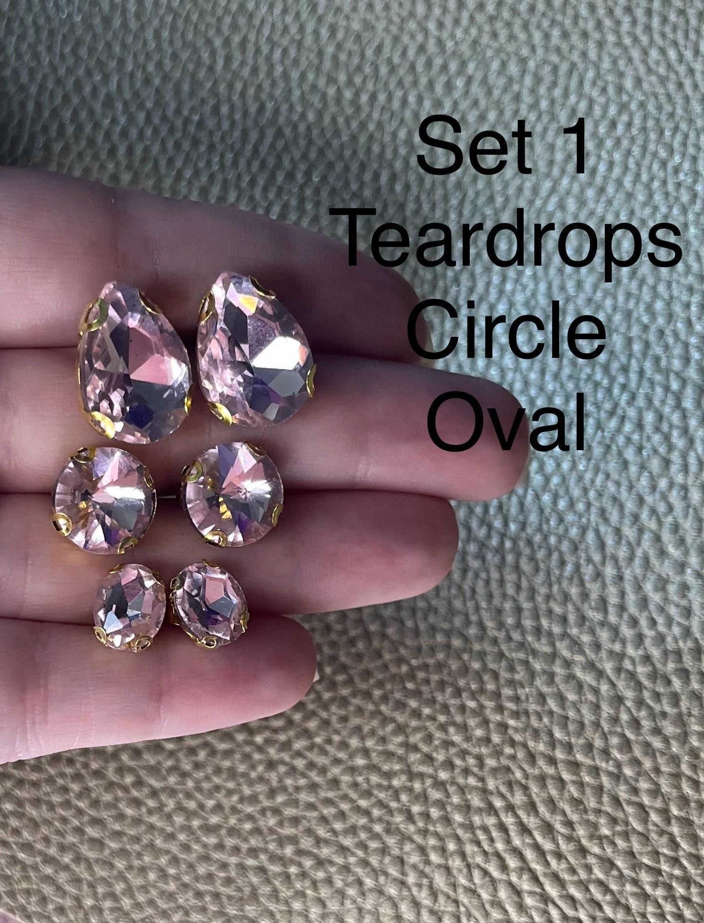 three pairs of handmade baby pink earrings glass rhinestones square oval teardrop gold two styles available