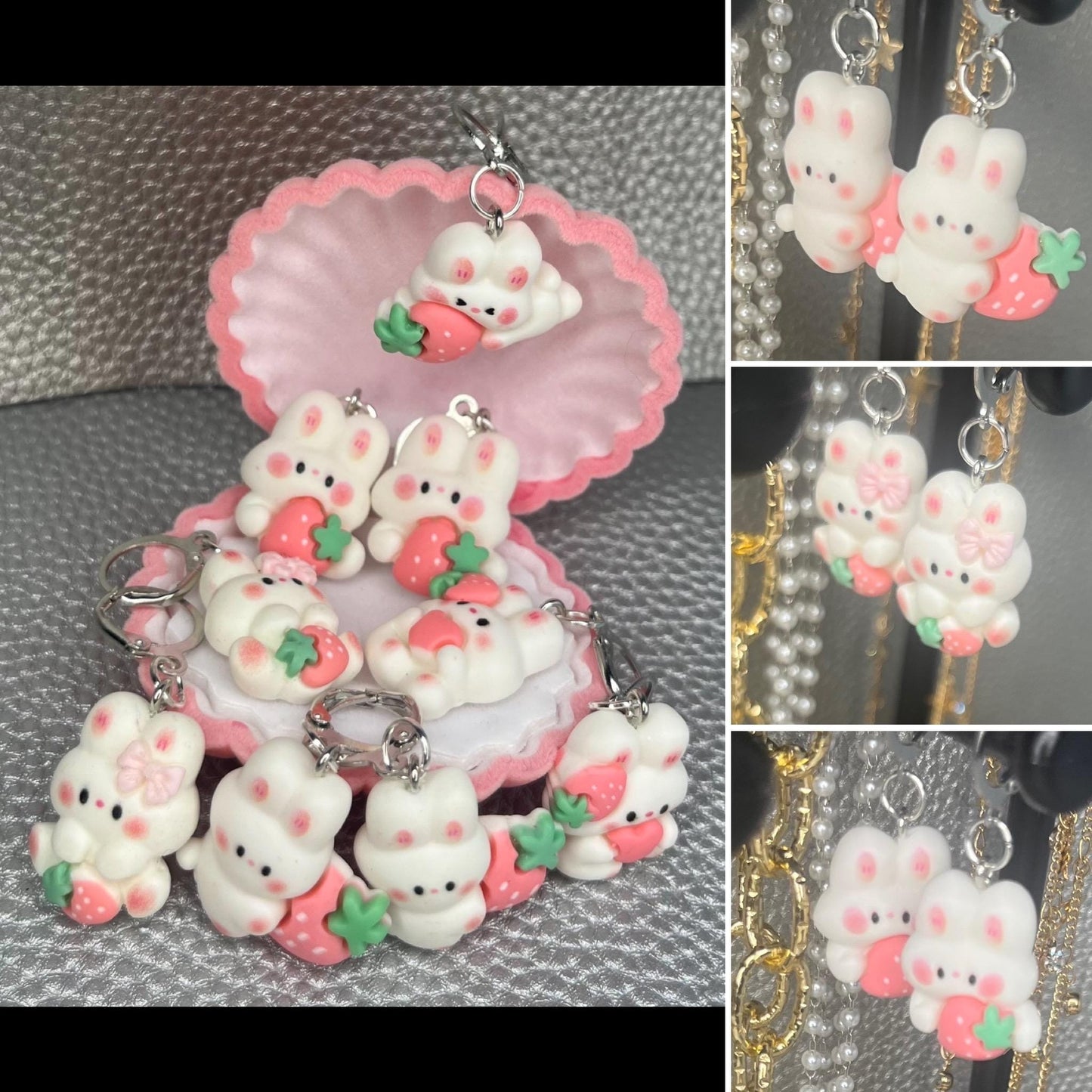 Bunny rabbit earrings strawberry drop earrings. available in multiple styles. Kids teen adult animal cartoon style. novelty costume jeweller