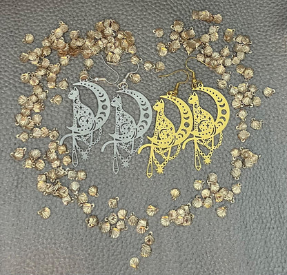 Charming cat on the moon earrings, featuring a whimsical design perfect for cat lovers, adding a playful touch to any outfit and ideal for casual or everyday wear.