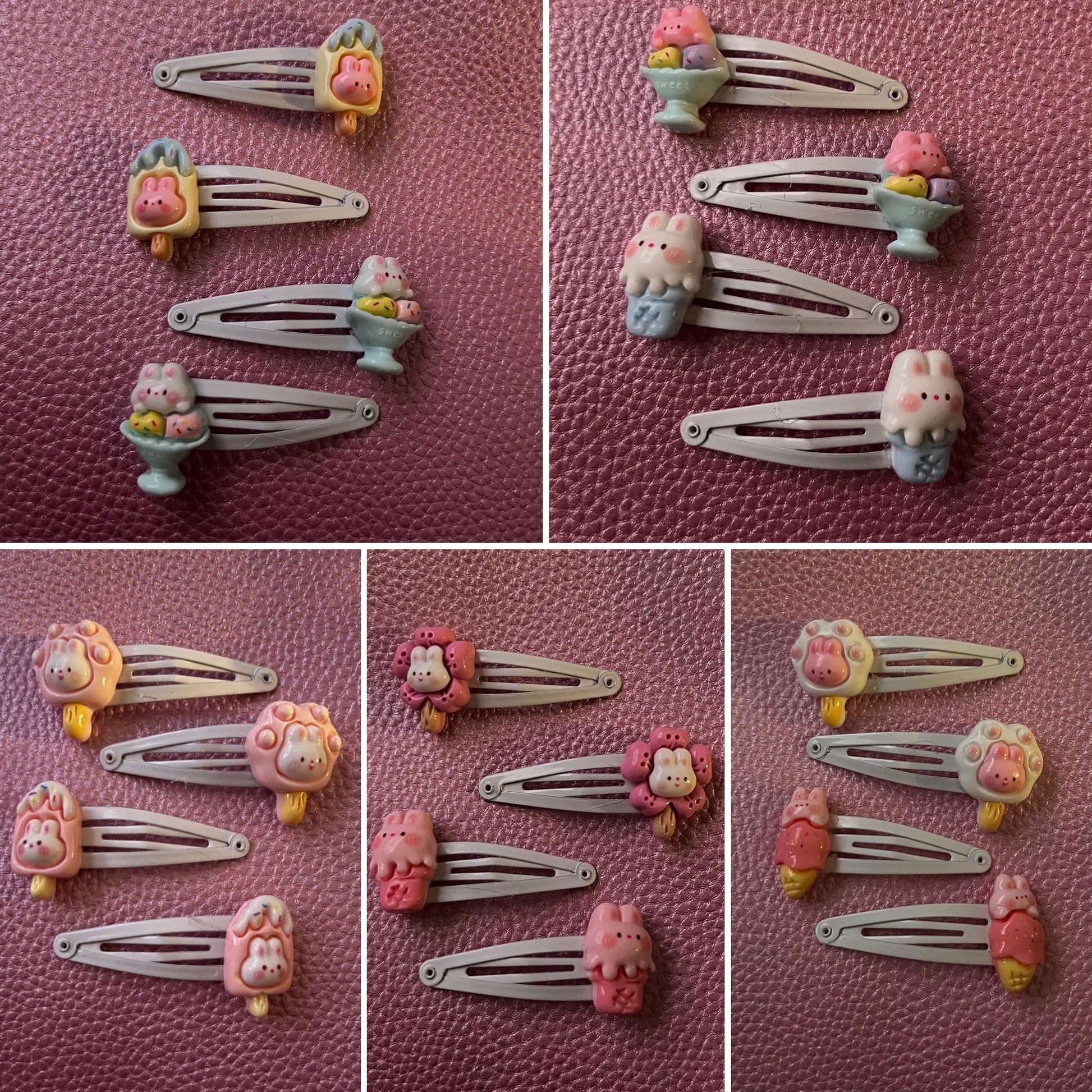 two pairs of kids children’s adults bunny rabbit ice cream resin hair clips slides. different styles available cute
