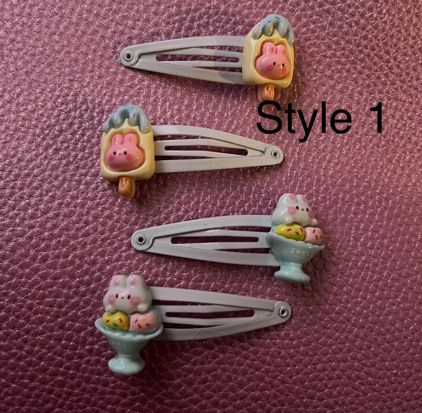 two pairs of kids children’s adults bunny rabbit ice cream resin hair clips slides. different styles available cute