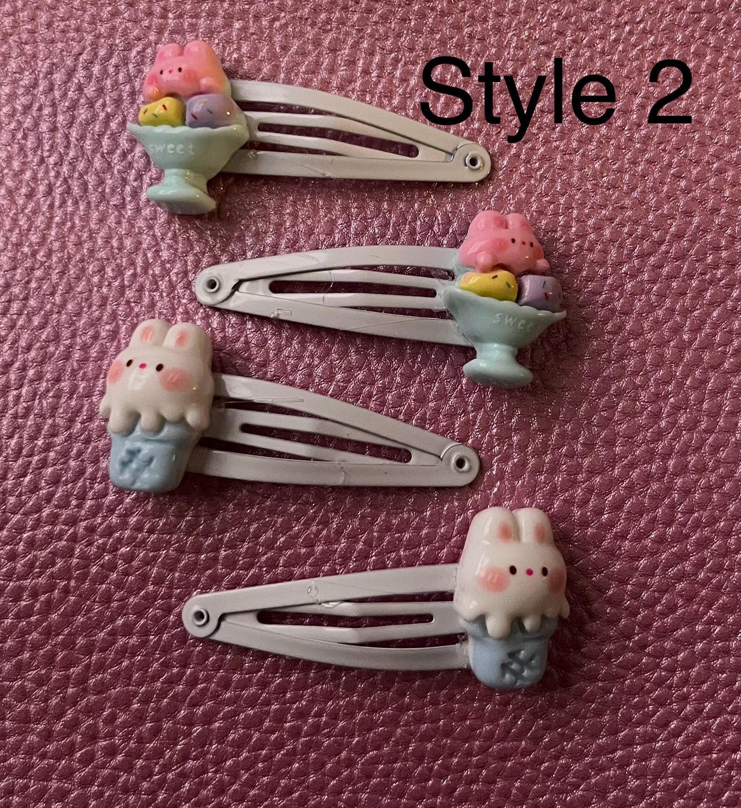 two pairs of kids children’s adults bunny rabbit ice cream resin hair clips slides. different styles available cute