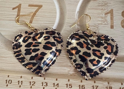 Heart pendant leopard print drop dangly earrings with gold. Large heart leopard dangly unique handmade earrings drop length 5cm