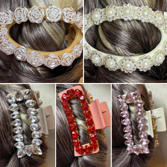 large gemstone hair claws with bling fashion flowers roses clip large glass rhinestones handmade available in multiple colours