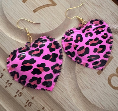 Heart pendant leopard print pink drop dangly earrings with gold. Large heart leopard dangly unique handmade earrings drop length 5cm
