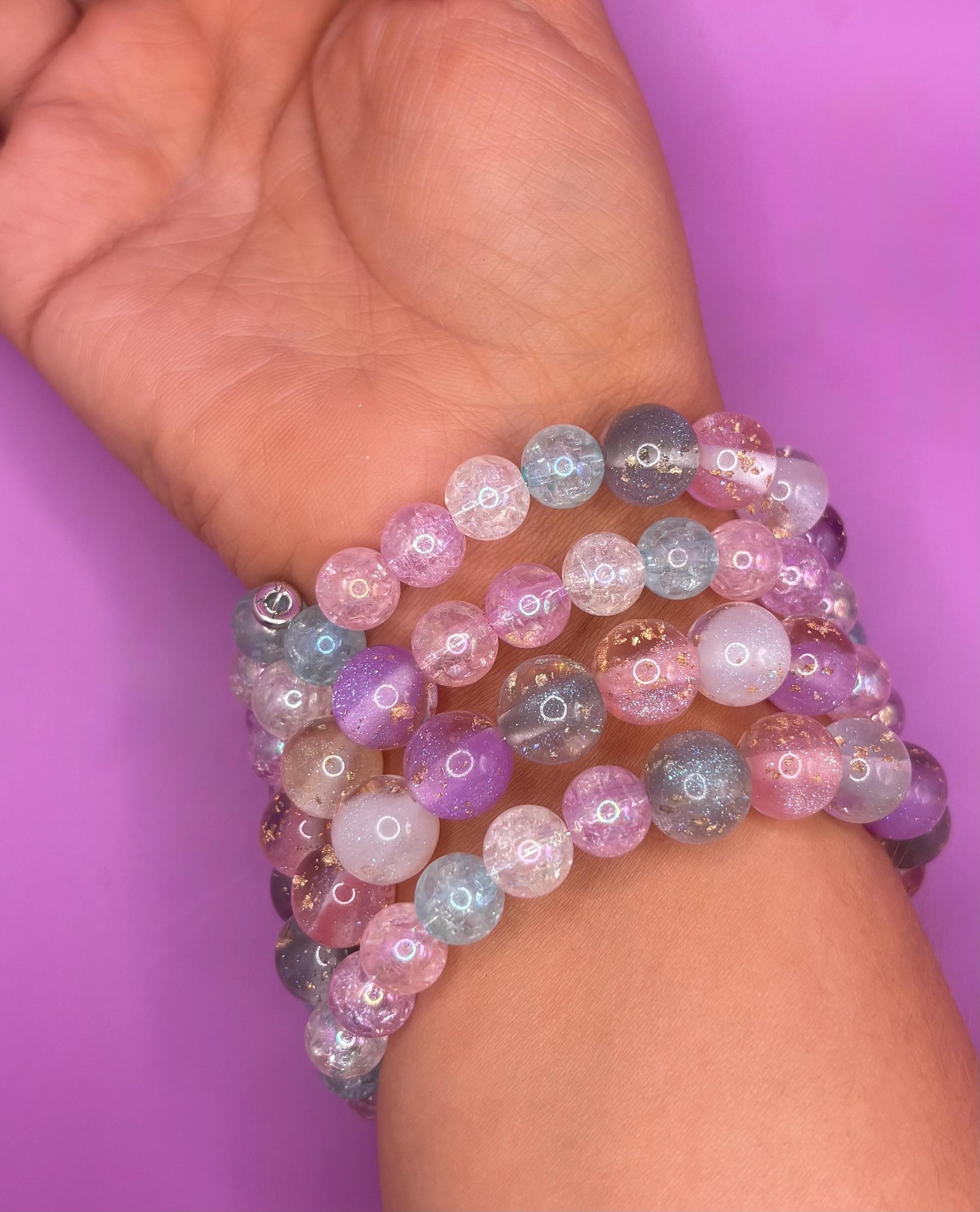 Pastel Glitter Resin Bead Bracelet – Handmade Stretch Bracelet with Gold Foil, Kawaii Aesthetic Jewelry, Cute Gift for Her wrap Bracelet
