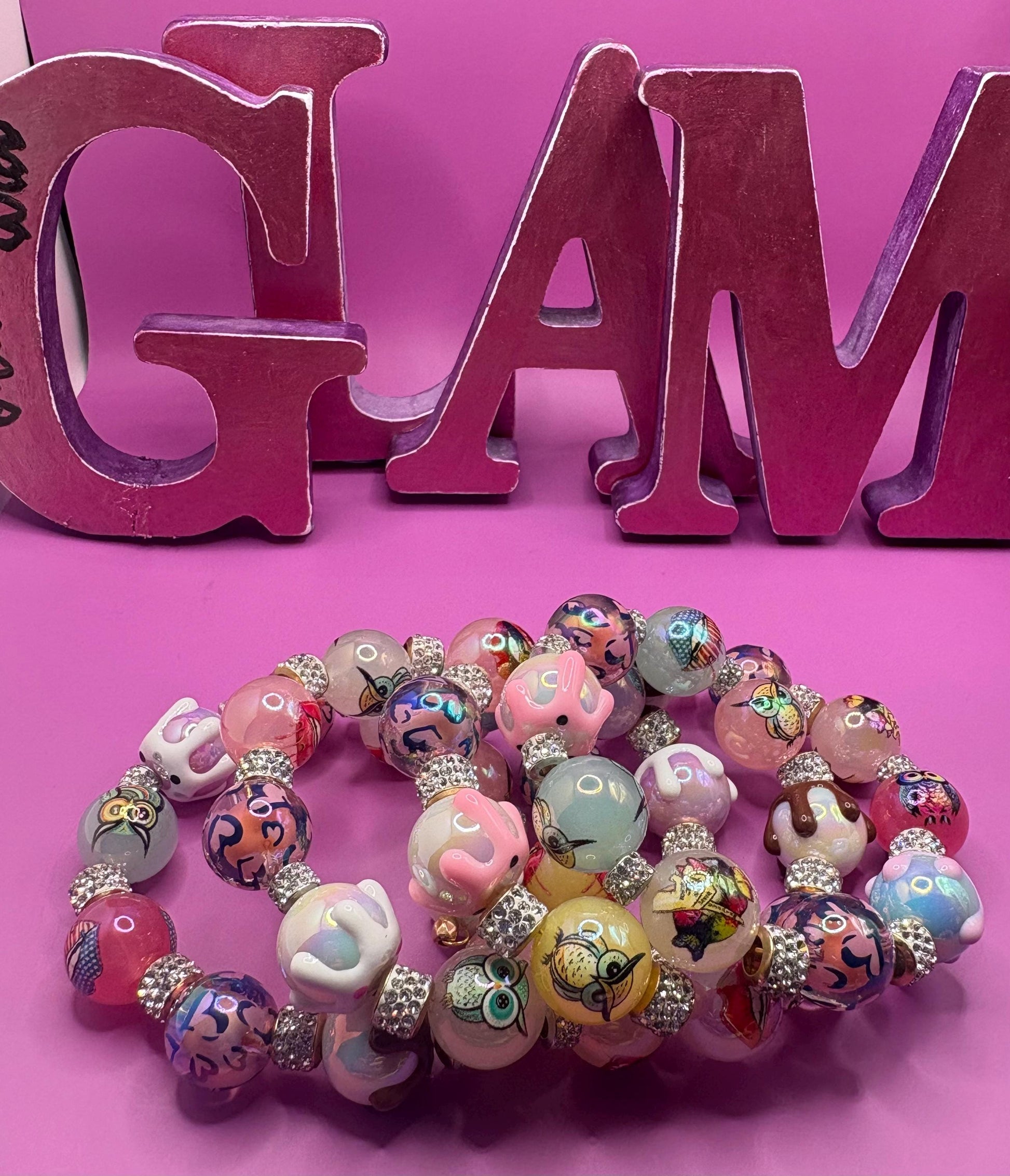 Pastel Resin Bead Bracelet – Handmade Stretch Bracelet with colourful pudding owls and lips fun Jewelry, Cute Gift for Her wrap Bracelet