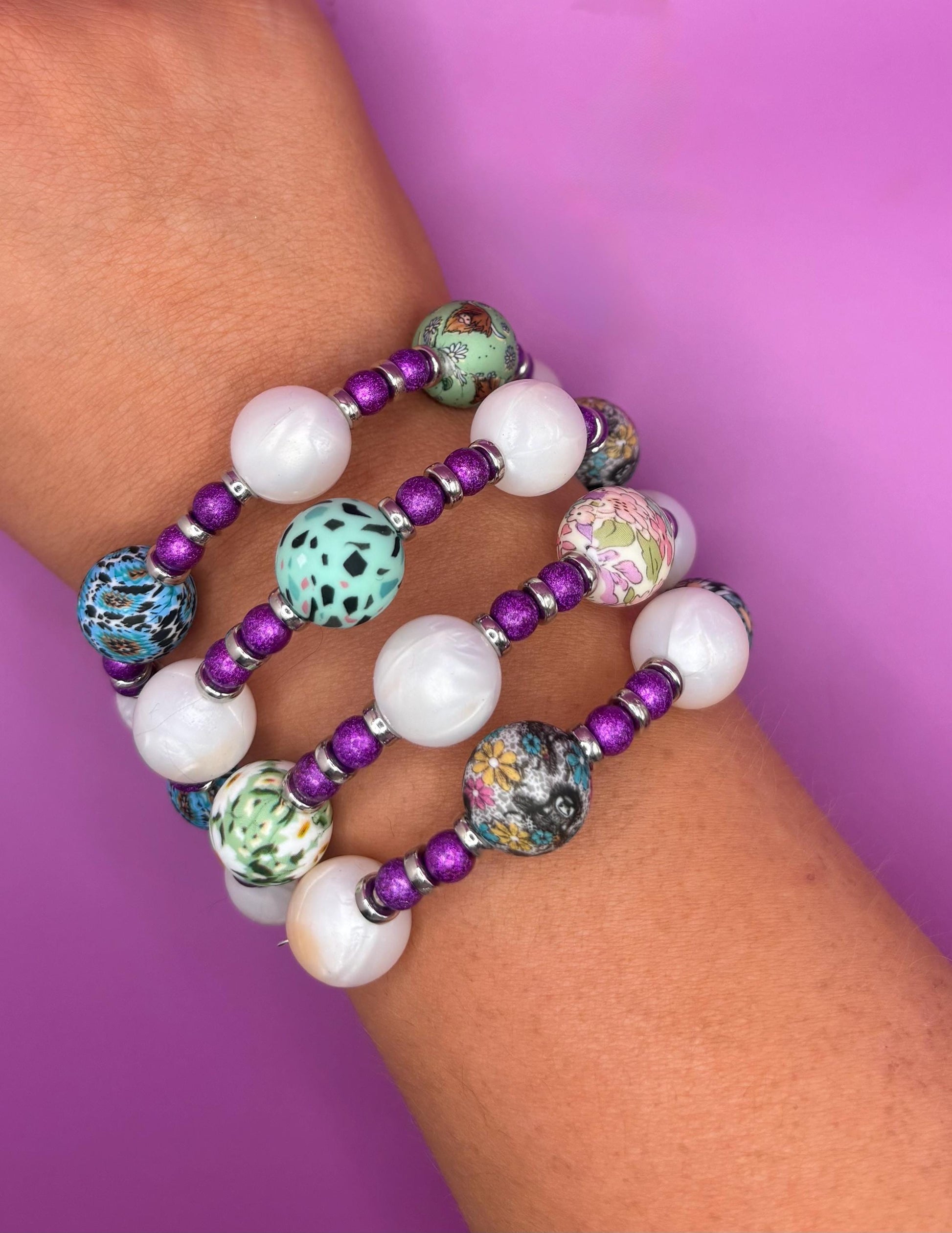 Beaded Stretch Bracelet | Handmade Boho Jewelry | Bold Playful Beaded Wrap Bracelet purple silver